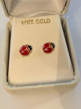 14K Gold Ladybug Stud Earrings Red Enamel Lucky Bug Cute Minimalist Gift